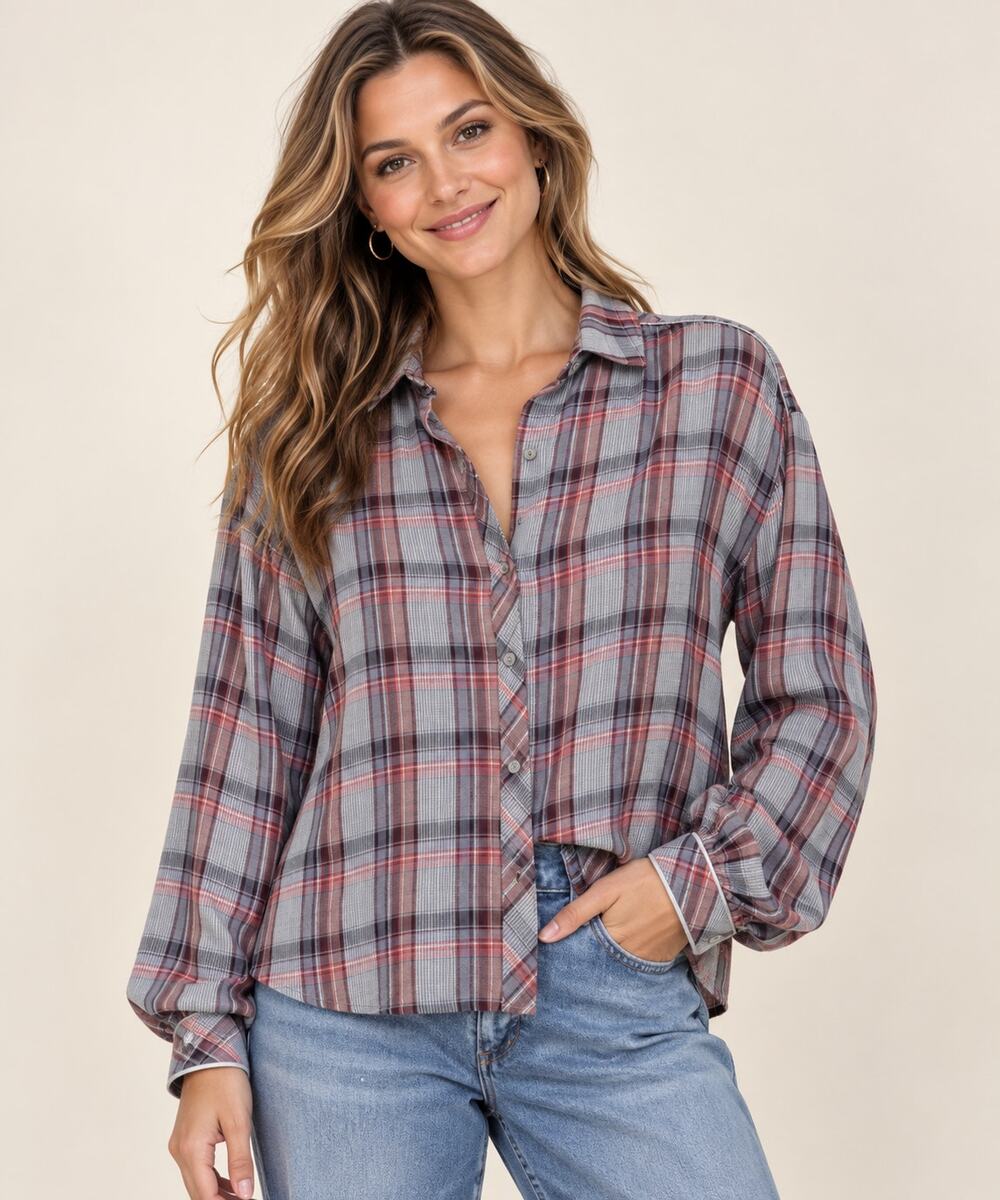 Bella Dahl Trimmed Flowy Top Womens Large Multicolor Plaid Shimmer Preppy Shirt